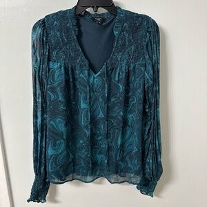 Teal and black Marble-Print Long-Sleeve Blouse with smocked cuffs and yoke